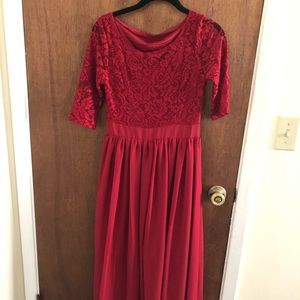 Red lace top floor length dress